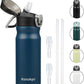Insulated Water Bottle with Straw and Carry Loop,18 oz Stainless Steel Double Wall Vaccum Metal Water Flask with Leak-proof Lid,Navy blue