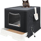 XL Foldable Cat Litter Box with Lid - Jumbo Enclosed Potty - Top Entry Anti-Splashing Toilet - Includes Scoop & 2-in-1 Cleaning Brush (Black)
