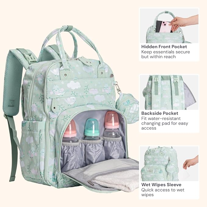 BabbleRoo Diaper Bag Backpack - Baby Essentials, Travel Essentials Baby Bag with Changing Pad, Stroller Straps & Pacifier Case - Unisex, Green Birdy