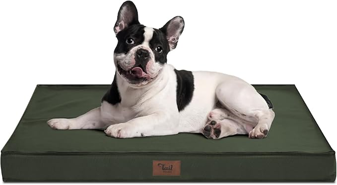 Outdoor All Weather Dog Bed, Waterproof Dog Bed for Medium Dogs, Orthopedic Egg Foam Pet Bed with Removable Cooling Cover, Dark Green