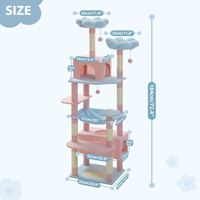PAWZ Road Flower Cat Tree, 72 Inches Large Cat Tower with Steel Frame Hammock and 7 Scratching Posts, Tall Cat Tree with 2 Condos and Perches for Large Indoor Cats - Blue