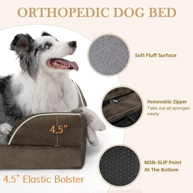 Comfort Expression Orthopedic Memory Foam Dog Beds, Waterproof Dog Beds Large Sized, Washable Dogs Beds with Removable Cover, Pet Sofa Couch with Bolster(Large,Olive Green)