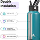 32 oz Insulated Water Bottle Stainless Steel Sport Bottles with 3 Lids,Light Blue