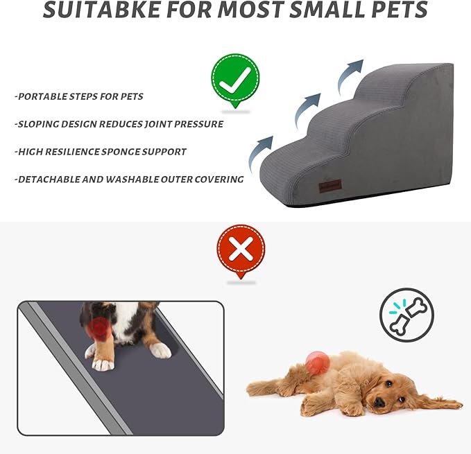 3-Step Dog Ramp and Stairs for Sofa and Chair - Non-Slip Sturdy Pet Steps for Small Dogs and Cats,15.7" H,Grey