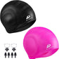 2 Pack Unisex Swim Caps with 3D Ear Protection, Durable Flexible Silicone Swimming Hats for Women Men Kids Adults, Bathing Swimming Caps for Short/Long Hair with Ear Plugs&Nose Clip
