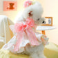 Pink Dog Dress for Small Dog Girl Spring Puppy Clothes with Bow Puff Sleeves Cat Outfit Doggy Princess with Leash Ring Doggies Harness Dress Summer Pet Apparel (Pink, Small)