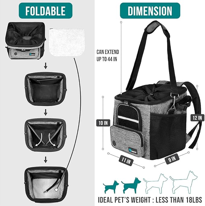 PetAmi Dog Bike Basket, Soft-Sided Ventilated Dog Bike Carrier Backpack, Pet Bicycle Basket for Bike Handlebar, Small Medium Puppy Cat Kitten Car Booster Seat with Safety Strap, Max 18 lbs, Gray