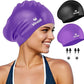 2 Pack Swim Cap for Women Men Adult, Silicone Swimming Caps for Short Long Hair, Waterproof Swim Hats Bathing Caps to Keep Hair Dry with Nose Clip and Earplugs