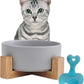Ceramic Dog Cat Bowl with Wood Stand,Cat Food & Water Bowls Elevated Non-Spill Modern Cute Kitty Dishes Heavy Weighted Round Pet Dishes Set for Small Kitten Grown Cat(Grey)