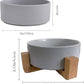 Ceramic Dog Cat Bowl with Wood Stand,Cat Food & Water Bowls Elevated Non-Spill Modern Cute Kitty Dishes Heavy Weighted Round Pet Dishes Set for Small Kitten Grown Cat(Grey)