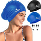 2 Pack Large Swim Caps for Long Hair, Silicone Swimming Cap for Adult Women Men, Waterproof Swim Hats Bathing Caps to Keep Hair Dry with Bonus Nose Clip and Earplugs