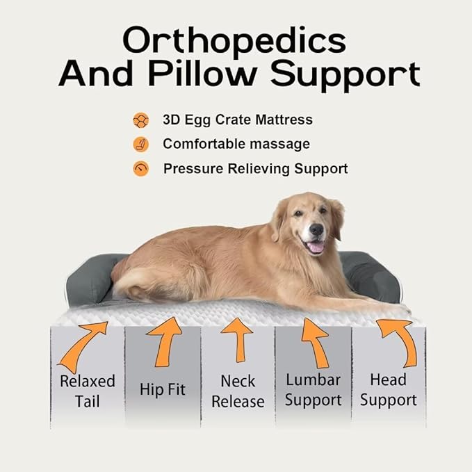 Large Dog Bed Orthopedic Washable - Beds Bolster - Extra Large Big Dogs - Memory Foam Couch Sofa - Waterproof with Removable Cover - Dark Grey Dog Bed
