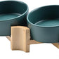 SPUNKYJUNKY 15° Slanted Ceramic Dog and Cat Bowl with Wooden Stand, Tilted Bulldog Food and Water Bowl No Slip Non-Spill for Cats Medium Dogs Big Face Pets 13.5 OZ (1.7 Cups, Green × 2)