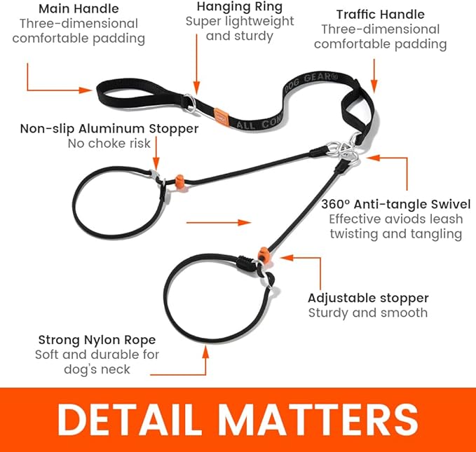 Howgo Double Slip Leash Slip Lead with Two Handles| Dual Dog Slip Lead for 2 Dogs,360° Swivel No Tangle | Dog Training Collar | Double Clip Leash Coupler and Splitter (Black, 6FT)