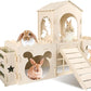 Large Rabbit Hideout Bunny Castle, Wooden Bunny House & Hay Feeder, Detachable Rabbit Hideaway, Indoor Rabbit Castle with Ramp, Small Animal Houses & Habitats