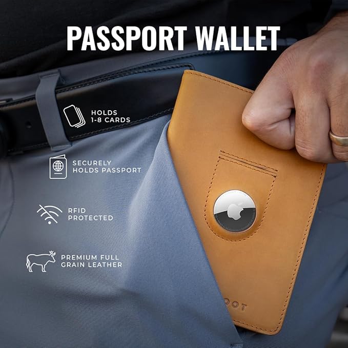 Kings Loot Passport Holder Wallet | RFID Blocking Leather Travel Wallet with Built-in Airtag Holder | Holds 1-6 Cards & Passport | Easy Pull Tab | Travel Wallets (Truffle)