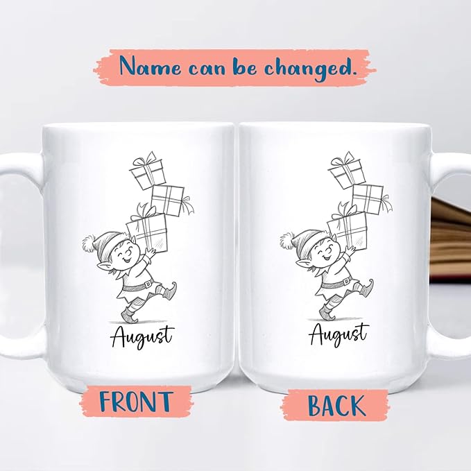 Elf With Box Coffee Mug Gift For Men Boy Grandson Christmas, Personalized Name Kids Accent Teacup, Customized Elf Travel Coffee Cup Gift For Nephew on Birthday Christmas, Elves White Mug 11 Oz 15 Oz