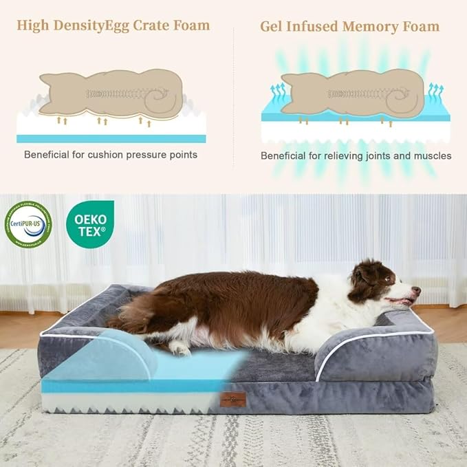 Comfort Expression Cooling Dog Bed for Large Dogs, Memory Foam Orthopedic Dogs Beds, Waterproof Washable Dog Beds with Removable Cover, Pet Bed Sofa with Bolster(Large,Leaden Grey)