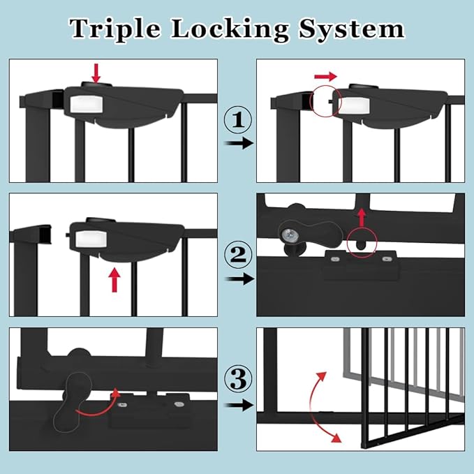 WAOWAO Triple Lock Baby Gate Extra Wide 62.59-67.32" Pressure Mounted Walk Through Swing Auto Close Safety Black Metal Dog Pet Puppy Cat for Stairs,Doorways,Kitchen