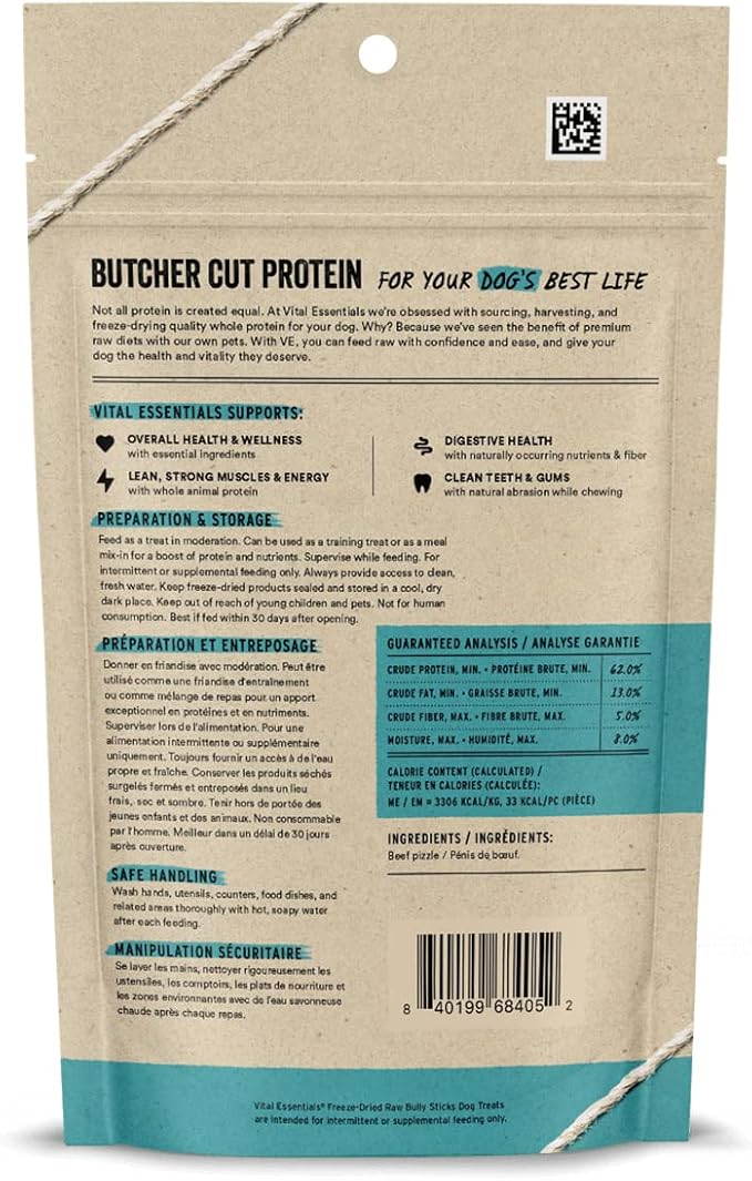 Vital Essentials Bully Sticks Dog Treats, 1.4 oz | Freeze-Dried Raw | Single Ingredient | Premium Quality High Protein Training Treats | Grain Free, Gluten Free, Filler Free