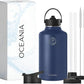 Oceania Flask 64oz Stainless Steel Water Bottles | Modern, Leakproof, Hydro BPA-Free, Insulated Water Bottle with 3 Lids, 3 Straws & 2 Straw Cleaning Brushes | Simple Camping & Hiking Water Bottles