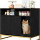 Cat Litter Box Enclosure, Large Hidden Pet Storage Cabinet Furniture with Waveform Fluted Doors & Scratching Pad, Modern Wooden Cat House Indoor for Washroom, Living Room, Bedroom, Black