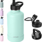 64oz Insulated Water Bottle with Straw, Half Gallon Stainless Steel Vacuum Water Jug, Large Thermal Water Bottle Flask with Leakproof 3 Lids for Travel, Camping, Gym Sports Seafoam