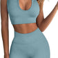 QINSEN Workout Outfits for Women 2 Piece Ribbed Seamless Crop Tank High Waist Yoga Leggings Sets