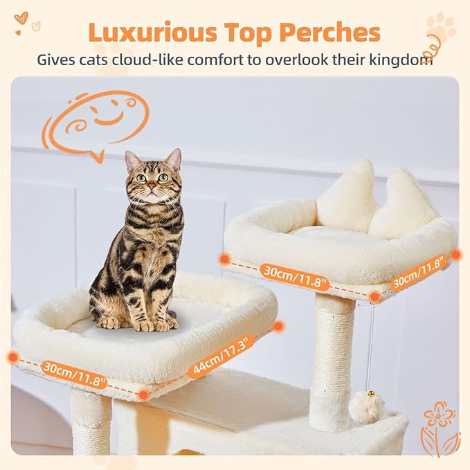 Taoqimiao Cat Tree 57.5-Inch, Cat Tower for Indoor Cats Large Adult, Extra Large Cat Condo, 8 Sisal Scratching Posts, Metal Frame Cozy Hammock, Durable Scratch Board, 2 Top Perches, Beige MS026M