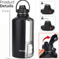 Water Bottle Insulated 32oz 40oz 64oz 128oz Straw Lid Spout Lid & 3 Lids, Leak Proof, Vacuum Insulated,Stainless Steel Water Bottle Wide Mouth for Sports, Gym or Office