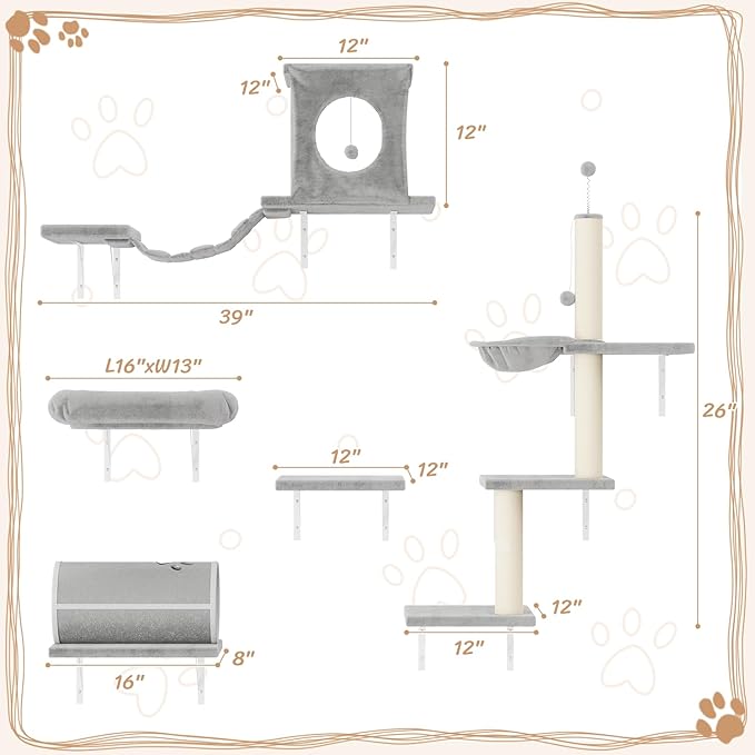 NUNU LAB Wall Mounted Cat Furniture, 7 Pcs Cat Wall Shelves with House, Tunnel, Bridge, Steps, Scratcher, Hammock, Bed, Indoor Safe & Stable Furniture for Kittens Play, Gray