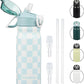 Insulated Water Bottle with Straw and Carry Loop,18 oz Stainless Steel Double Wall Vaccum Metal Water Flask with Leak-proof Lid,Blue White Plaid