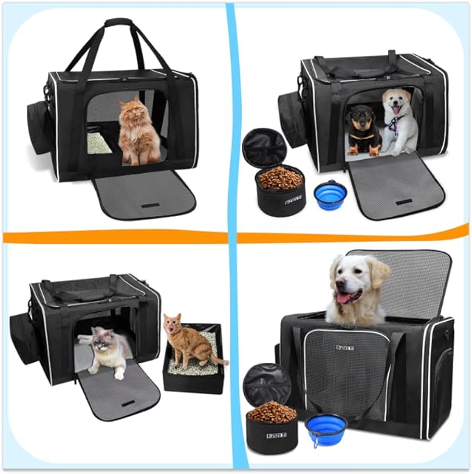 Petskd Extra Large Cat Carrier with Litter Box 24"x17"x17" for Medium Large Cat or 2 Small Cats, Collapsible Soft Sided Pet Carrier for Car Travel with Lockable Safety Zippers(Black)