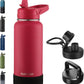 32oz Insulated Water Bottle with Straw, Stainless Steel Metal Vacuum Water Flask, Large Thermal Water bottle with Leakproof 3 Lids for Travel, Camping, Gym Sports Red