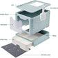 Cat Litter Box with Litter Mat and Scoop, Large Foldable Litter Box with Lid, Front Entry Top Exit Kitty Box, Odor Control, Easy to Clean (Blue)