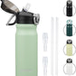 Insulated Water Bottle with Straw and Carry Loop,18 oz Stainless Steel Double Wall Vaccum Metal Water Flask with Leak-proof Lid, Avocado Green
