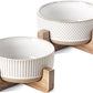 Ceramic Dog Bowls for Medium Small Dogs - 4 Cup Medium Dog Food and Water Bowls with Wood Stand, Cute Pet Dishes Set of 2, Lines+Dot