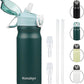 Insulated Water Bottle with Straw and Carry Loop,18 oz Stainless Steel Double Wall Vaccum Metal Water Flask with Leak-proof Lid,Dark Green