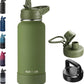 32oz Insulated Water Bottle with Straw, Stainless Steel Metal Vacuum Water Flask, Large Thermal Water bottle with Leakproof 3 Lids for Travel, Camping, Gym Sports Armygreen
