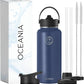 Oceania Flask 32oz Stainless Steel Water Bottles | Modern, Leakproof, Hydro BPA-Free, Insulated Water Bottle with 3 Lids, 3 Straws & 2 Straw Cleaning Brushes | Simple Camping & Hiking Water Bottles