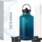 Oceania Flask 64oz Stainless Steel Water Bottles | Modern, Leakproof, Hydro BPA-Free, Insulated Water Bottle with 3 Lids, 3 Straws & 2 Straw Cleaning Brushes | Simple Camping & Hiking Water Bottle