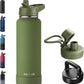 40oz Insulated Water Bottle with Straw, Stainless Steel Metal Vacuum Water Flask, Large Thermal Water bottle with Leakproof 3 Lids for Travel, Camping, Gym Sports Armygreen