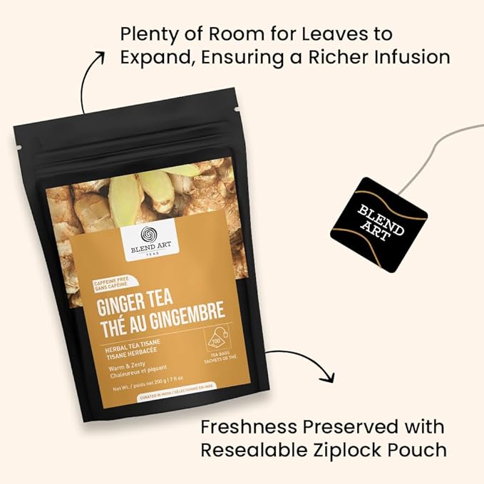 Blendart Ginger Tea Bags, 100 Teabags, 2g/bag - 100% Pure Ginger Root Tea Bag - Warm & Spicy Caffeine Free Ayurvedic Herbal Tea - Support Digestion & Boost Immunity Pyramid Teabags