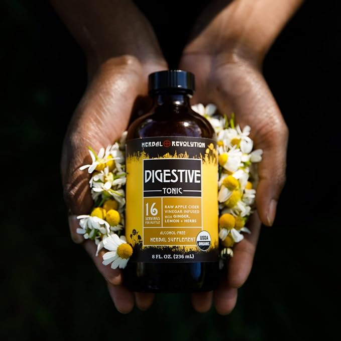Herbal Revolution Digestive Tonic - Certified Organic Non-GMO Apple Cider Vinegar Infused with Honey, Burdock Root, Dandelion, Lemon Balm & More, Made Using Regenerative Farming Practices - 8 Fl Oz