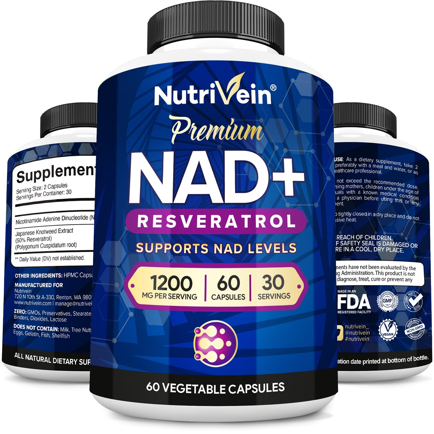 Nutrivein Premium NAD + Resveratrol Supplement 1200 mg - 30 Servings (60 Capsules)