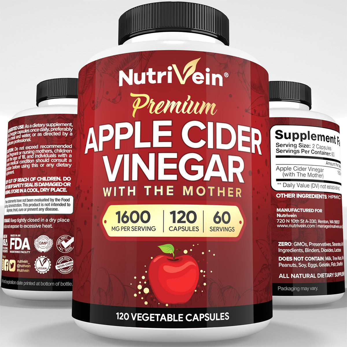 Nutrivein Premium Apple Cider Vinegar Supplements with Mother - 1600 mg - 120 Capsules