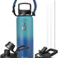 Trebo 40oz Water Bottle Insulated with Lid and Straw,Double Wall Vacuum Stainless Steel Tumbler Sports Flask with Paracord Handle, Keep Hot 24 Hours & Cold 48 Hours Water Jug with 3 Lids, Cyan Blue