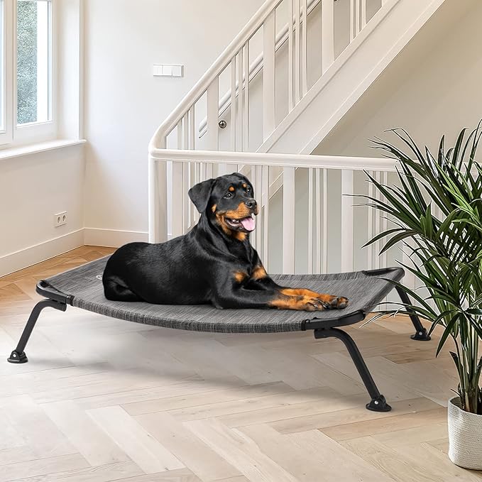Veehoo Outdoor Elevated Dog Bed, Cooling Raised Dog Cot Bed XL, Portable Waterproof Curved Dogs Hammock Beds for Outside, up to 150lbs, Black Legs, Black Silver 49"