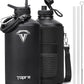 One Gallon Water Bottle,128oz Insulated Water Flask Stainless Steel Vacuum, Cold for 48 Hrs,BPA-Free & Leakproof -with Paracord Handle,Strap,Straw Spout Lids,Large Jug for Gym Sports,Black