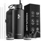 Insulated Water Bottle 87 oz with Straw, Coolflask 2/3 Gallon Stainless Steel Metal 3 Lids Large Water Jug for Sports or Office, Non-BPA Keep Cold Up to 48 Hrs or Hot Up to 24 Hrs, Magic Black